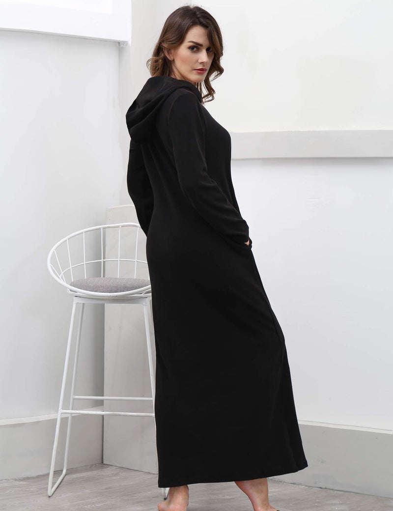 COLORFULLEAF Women's Zip Up Robes Long Sleeve Hooded Fleece Bathrobe Soft Warm Housecoat Loungewear with Pockets(Black,L) - Image 4